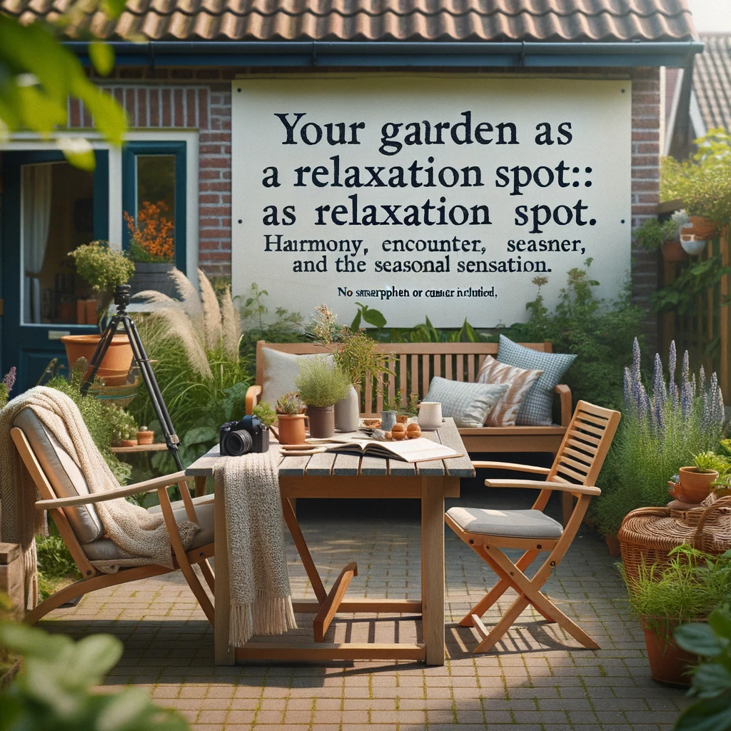 Gezellige tuin met tuinmeubilair en groene planten